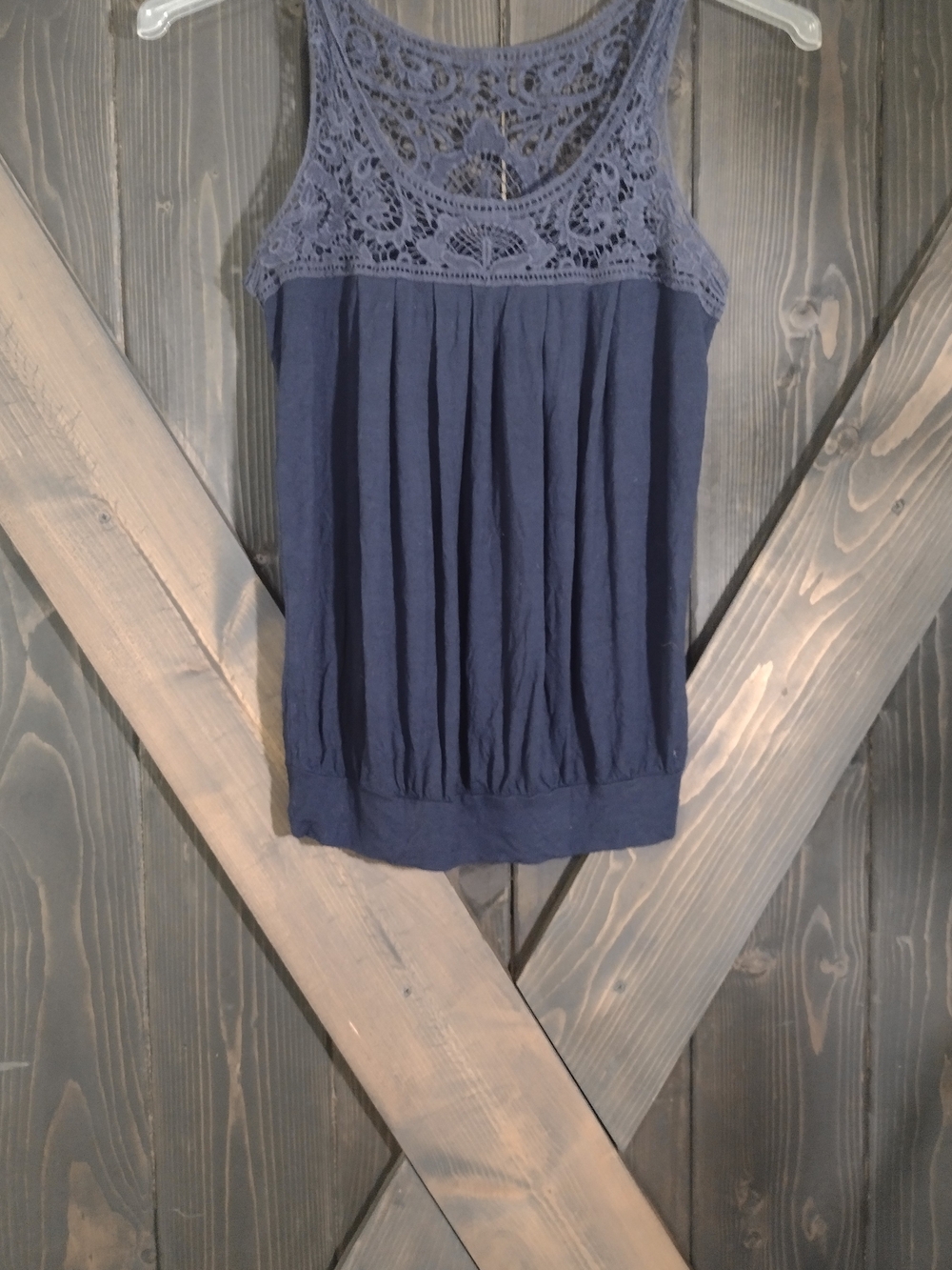 Source Unknown Navy Crochet Yoke Tank Top